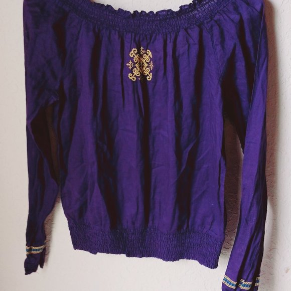 Purple, with gold and aqua color design stitching. Long sleeve crop top. - Picture 2 of 7